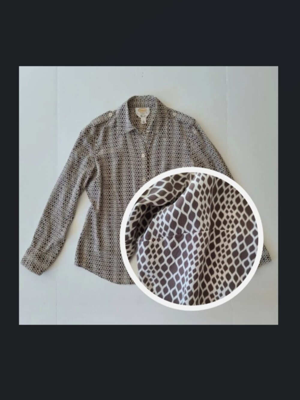 Talbots Silk Button Front Blouse 6P Petite Tan White Office Epaulets Long Sleeve